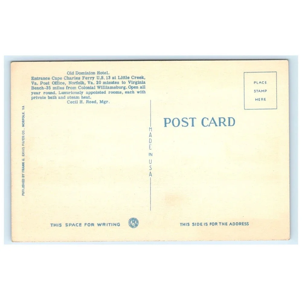 Vintage Postcard Little Creek‎ Virginia Old Dominion Hotel Linen Unposted USA